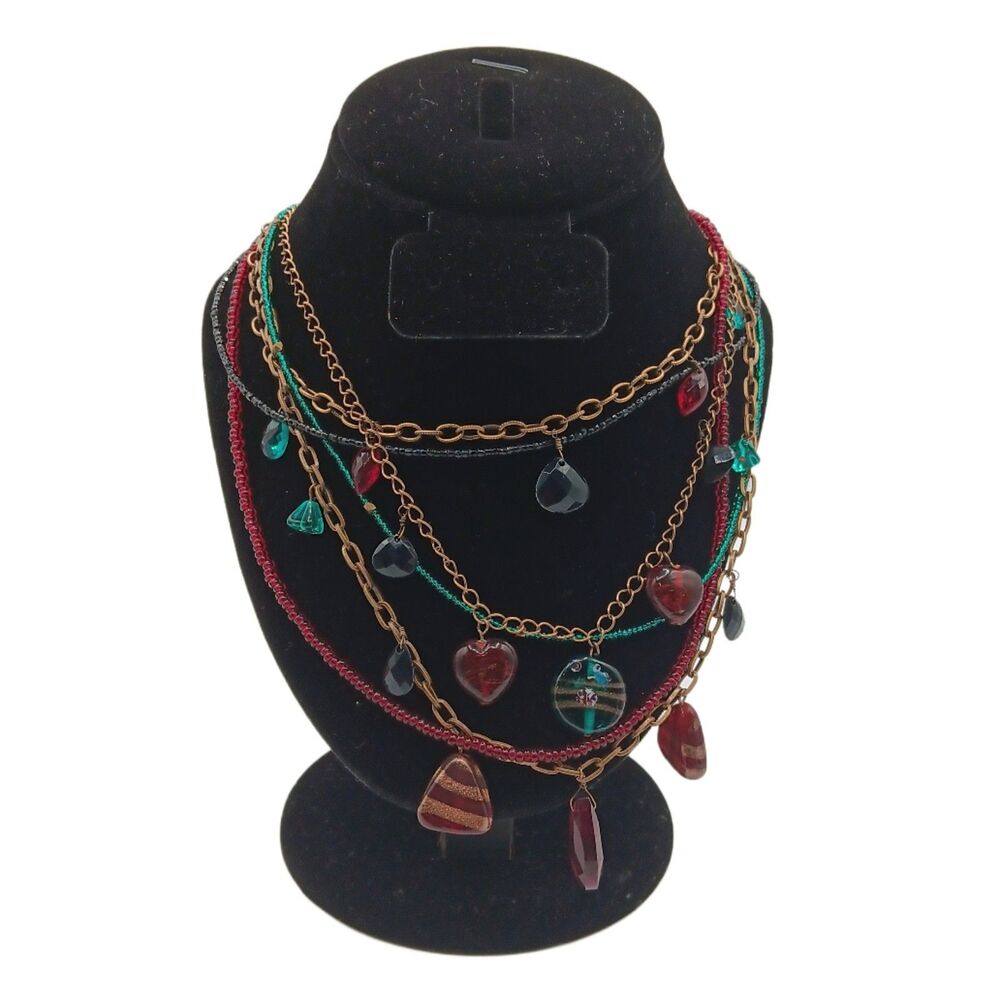 Chico’s Seed Bead Charm Necklace 6-Strand Burgundy Teal Brass Tone Boho Chic